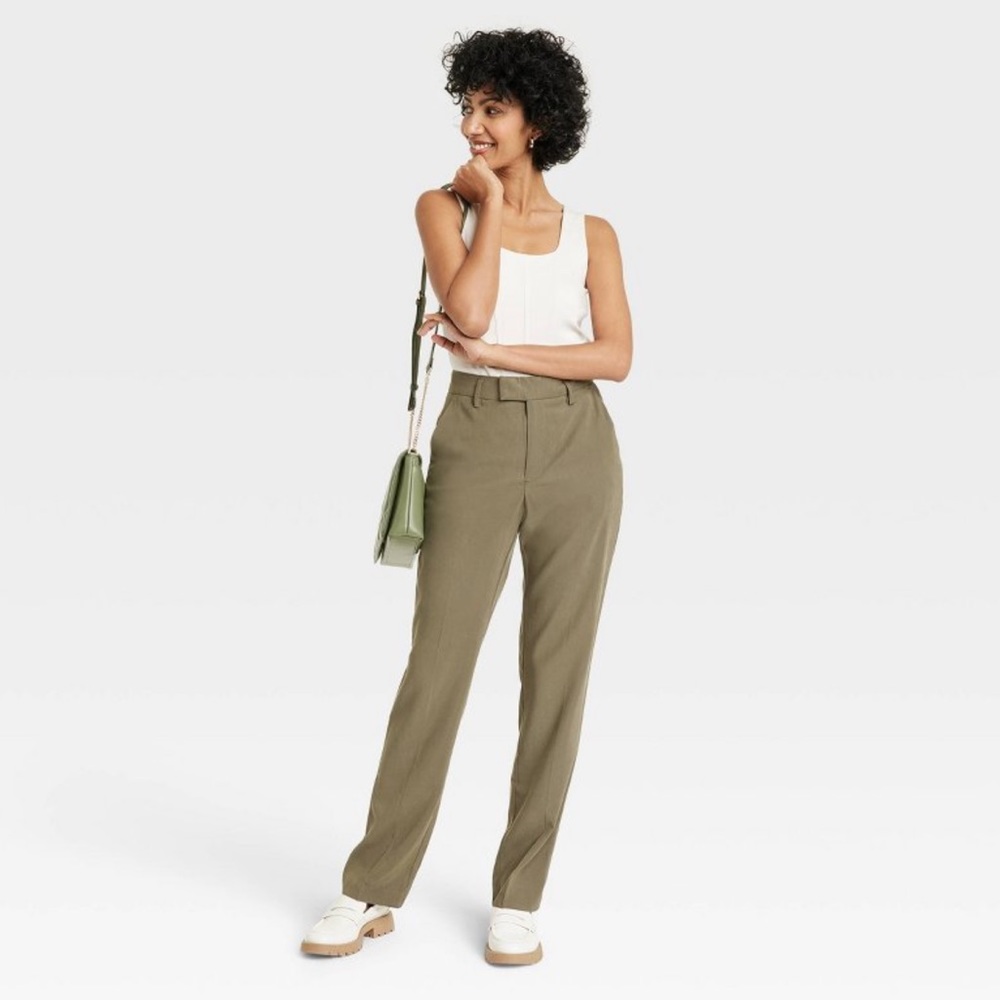 High-Rise‎ Stovepipe Straight Leg Trousers Olive Green Pants Size 14 NWT